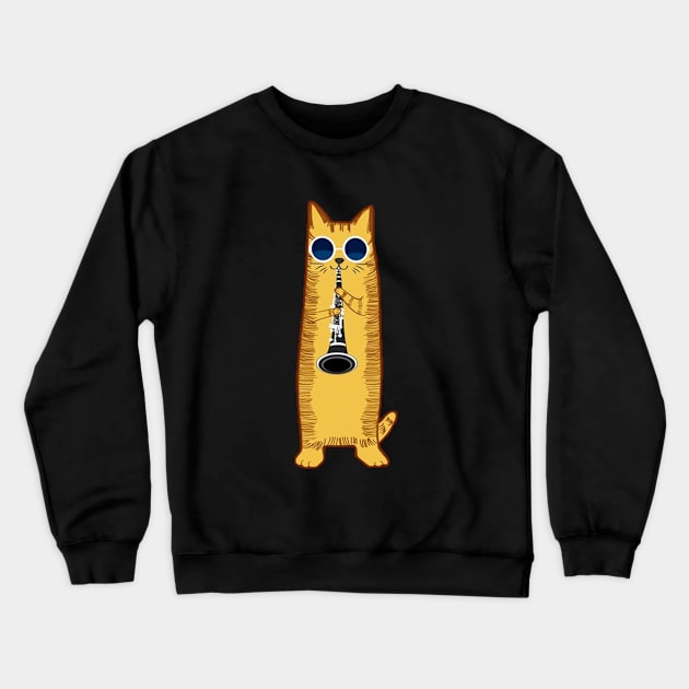 Cool Hippy Hipster Cat Playing The Clarinet Crewneck Sweatshirt by kiwodesign